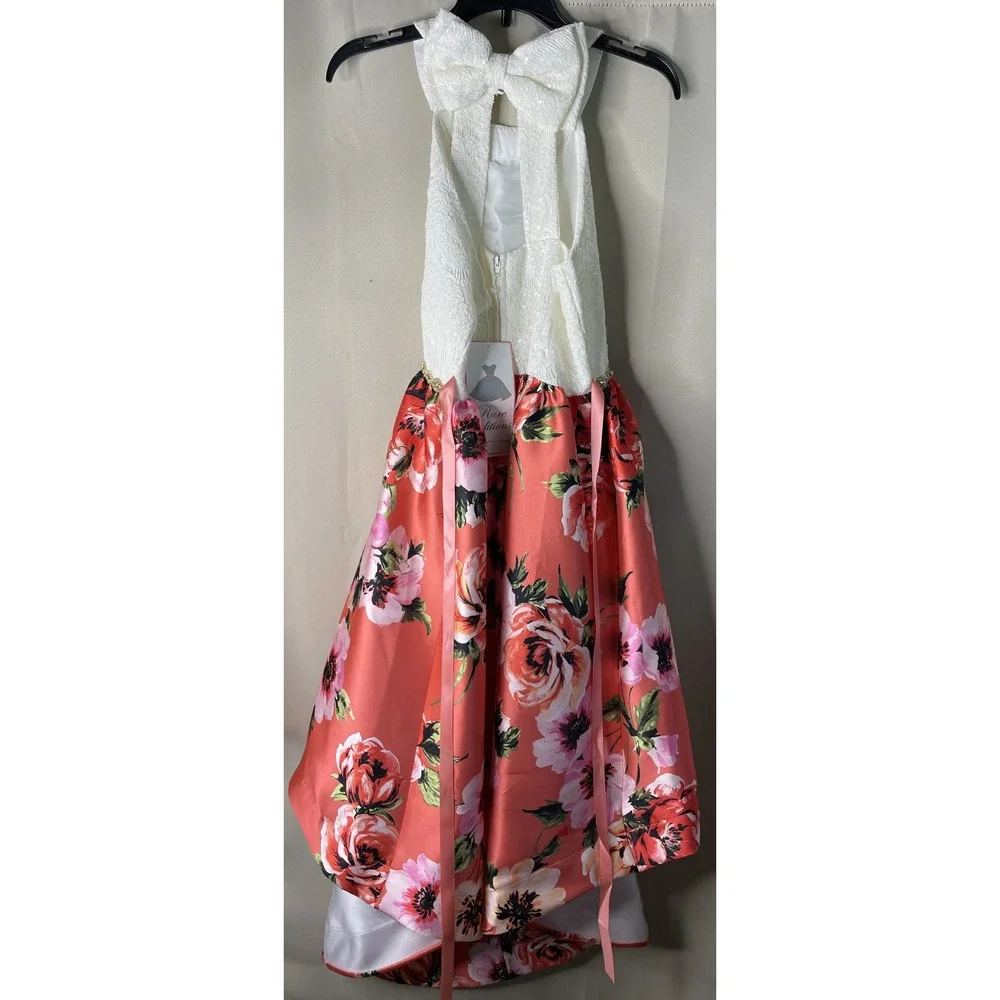 Rare Editions Girls Size 16 High Low Dress Coral Pink Floral Lace Sequin Bow NEW